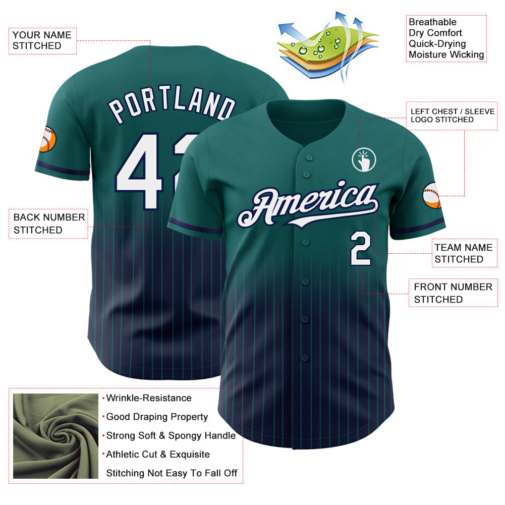 Custom Teal Pinstripe White-Navy Authentic Fade Fashion Baseball Jersey view 4