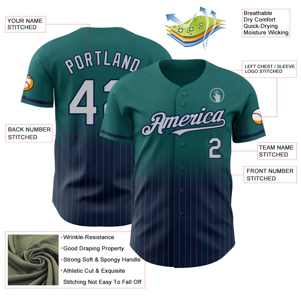 Custom Teal Pinstripe Gray-Navy Authentic Fade Fashion Baseball Jersey view 4