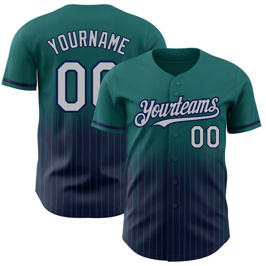 Custom Teal Pinstripe Gray-Navy Authentic Fade Fashion Baseball Jersey - Main View