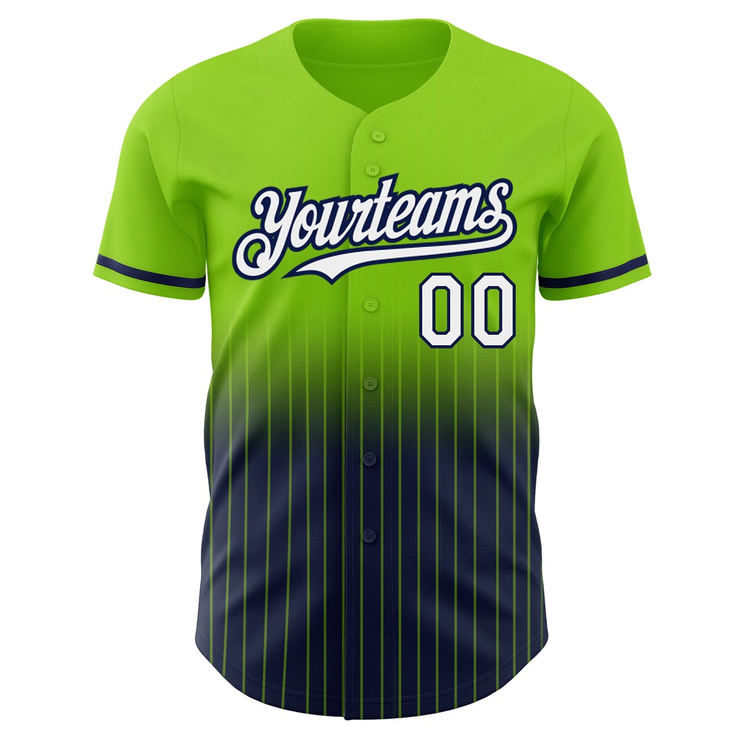 Custom Neon Green Pinstripe White-Navy Authentic Fade Fashion Baseball Jersey view 3