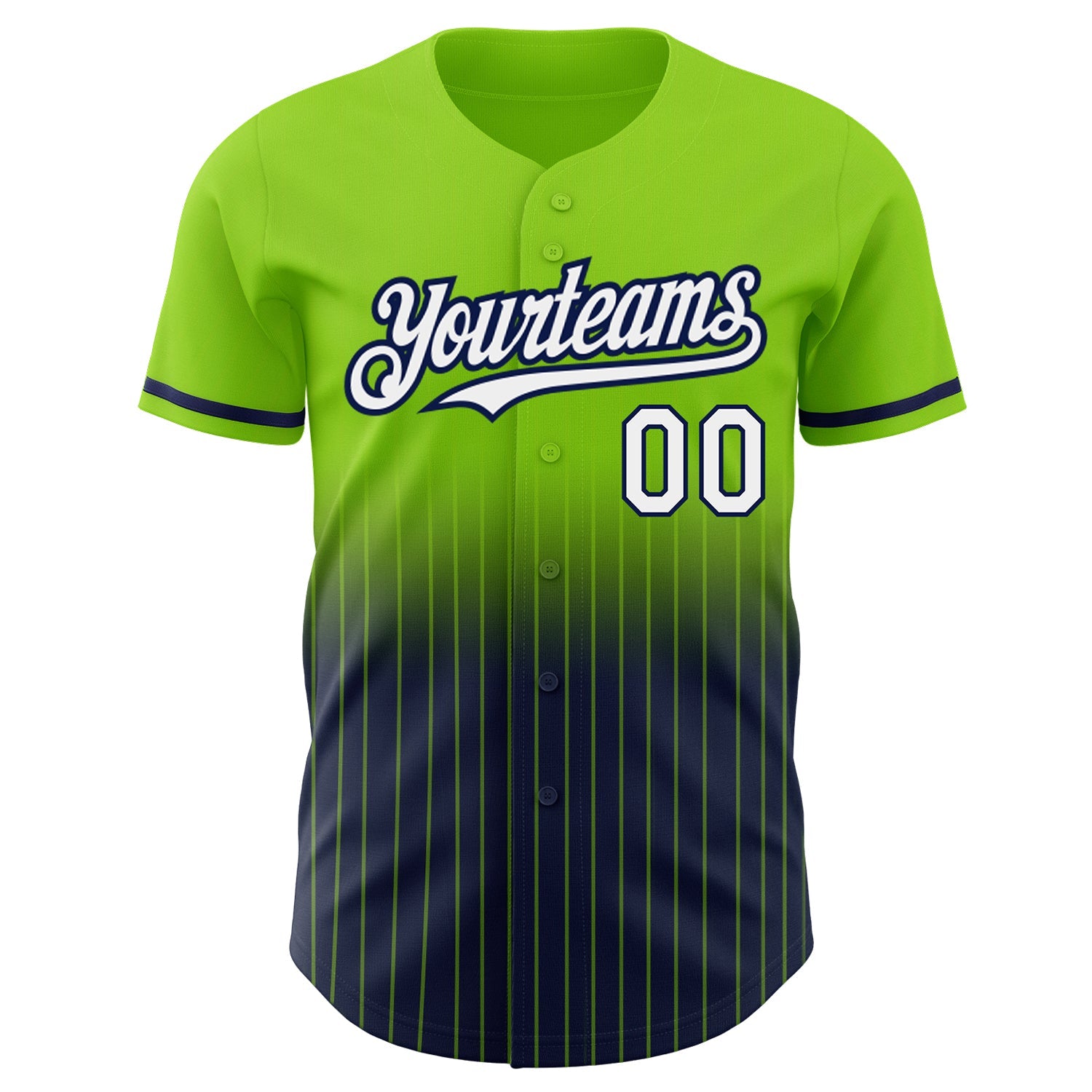 Custom Neon Green Pinstripe White-Navy Authentic Fade Fashion Baseball Jersey view 3