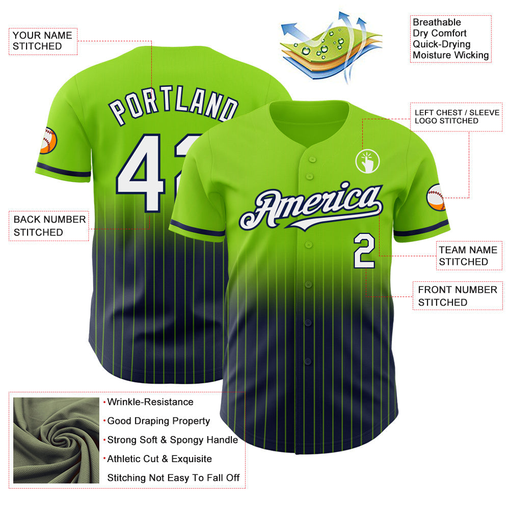 Custom Neon Green Pinstripe White-Navy Authentic Fade Fashion Baseball Jersey view 4