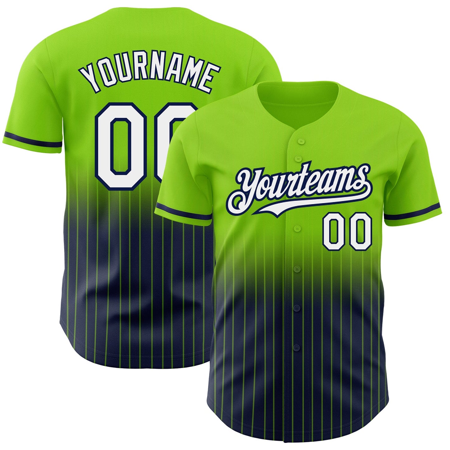 Custom Neon Green Pinstripe White-Navy Authentic Fade Fashion Baseball Jersey - Main View