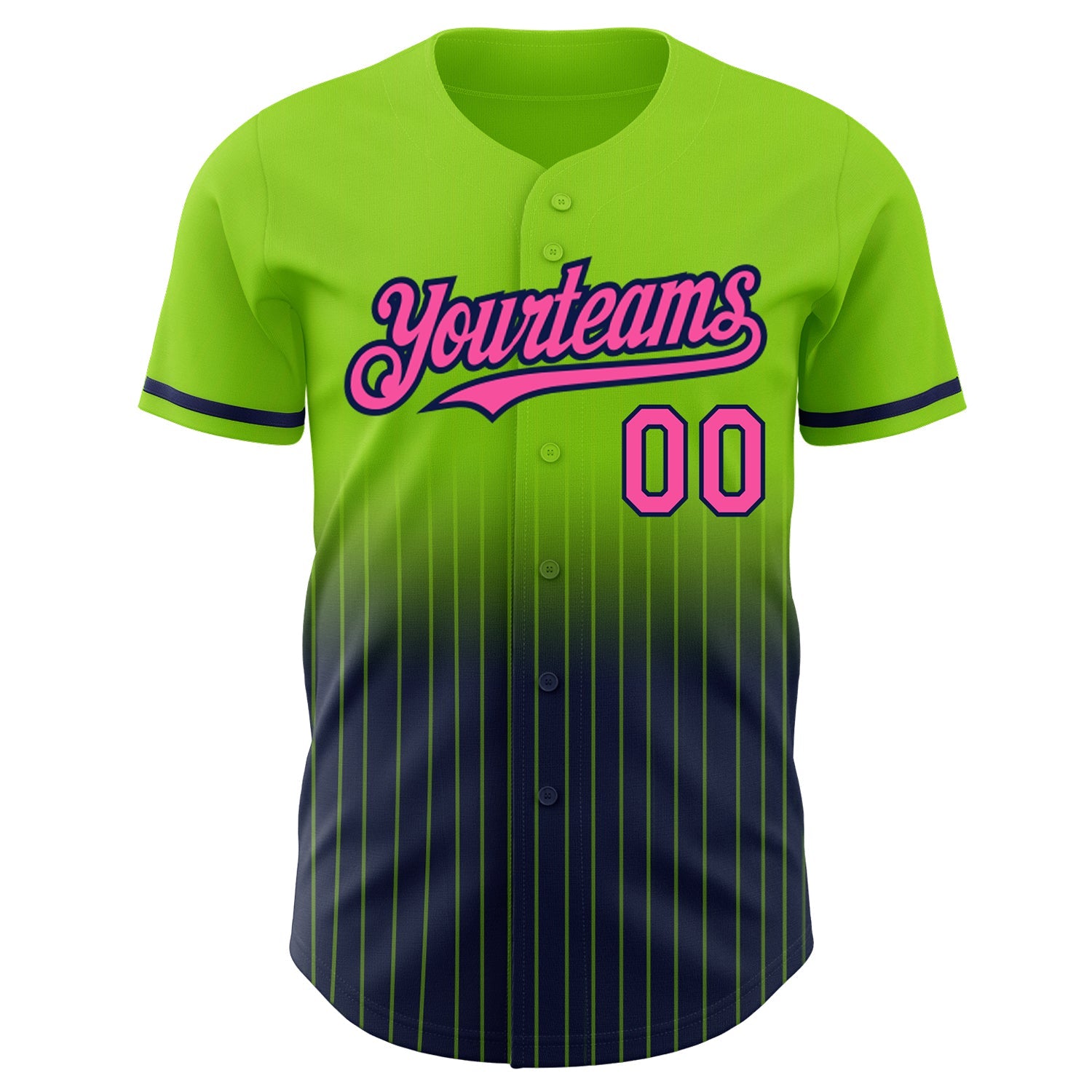 Custom Neon Green Pinstripe Pink-Navy Authentic Fade Fashion Baseball Jersey view 3