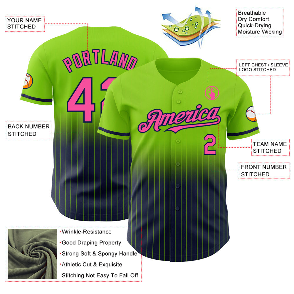 Custom Neon Green Pinstripe Pink-Navy Authentic Fade Fashion Baseball Jersey view 4