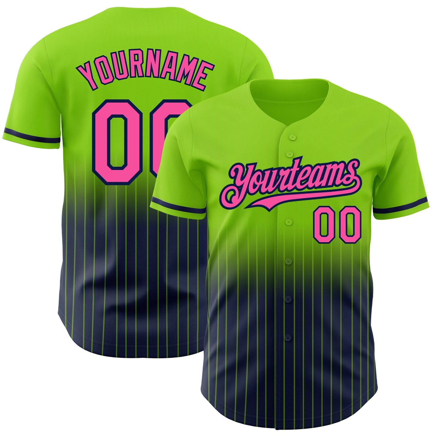 Custom Neon Green Pinstripe Pink-Navy Authentic Fade Fashion Baseball Jersey - Main View