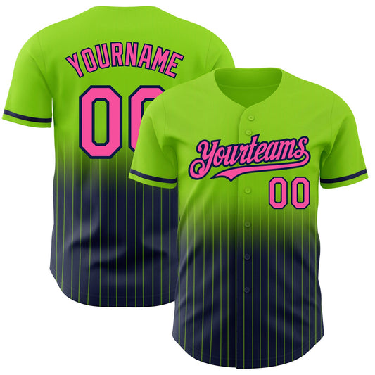 Custom Neon Green Pinstripe Pink-Navy Authentic Fade Fashion Baseball Jersey - Main View