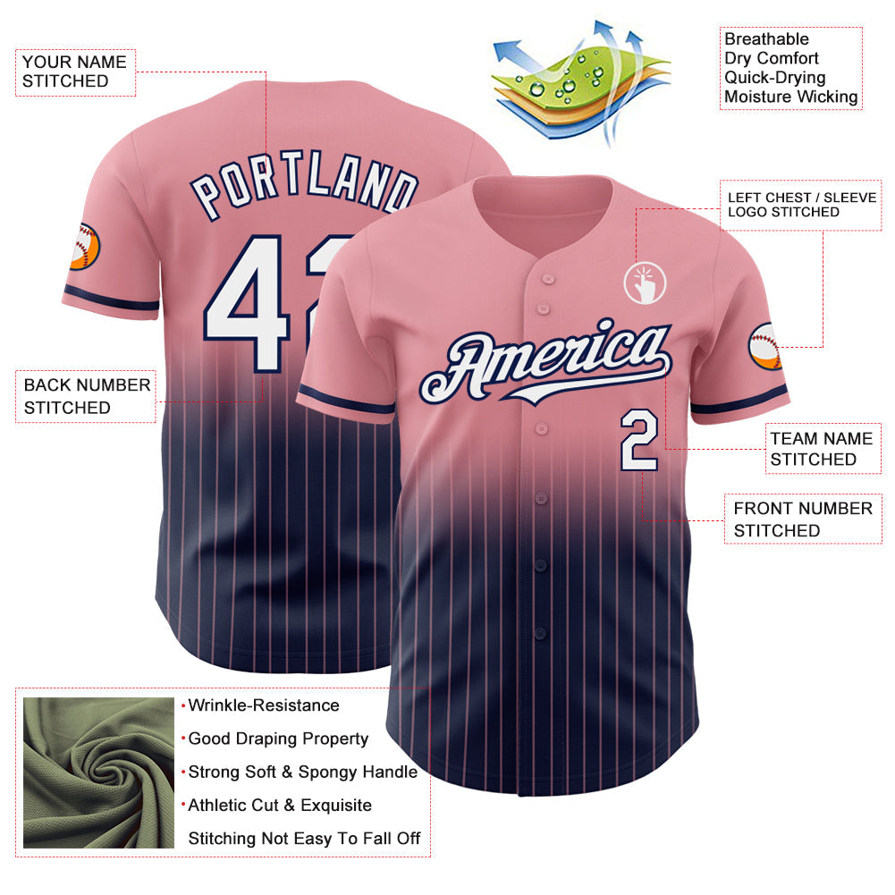 Custom Medium Pink Pinstripe White-Navy Authentic Fade Fashion Baseball Jersey view 4