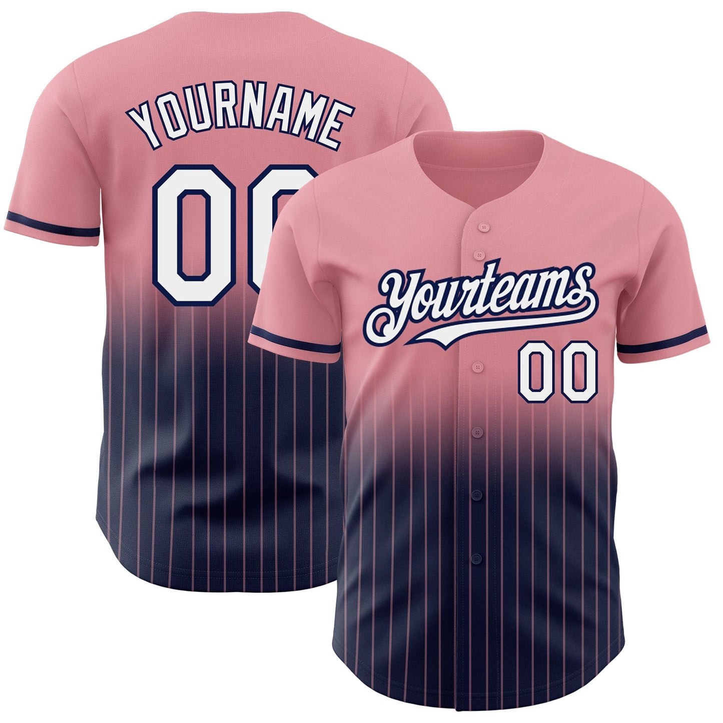 Custom Medium Pink Pinstripe White-Navy Authentic Fade Fashion Baseball Jersey - Main View