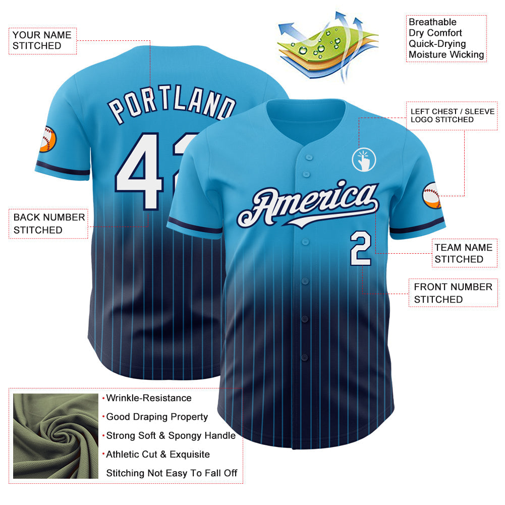 Custom Sky Blue Pinstripe White-Navy Authentic Fade Fashion Baseball Jersey view 4