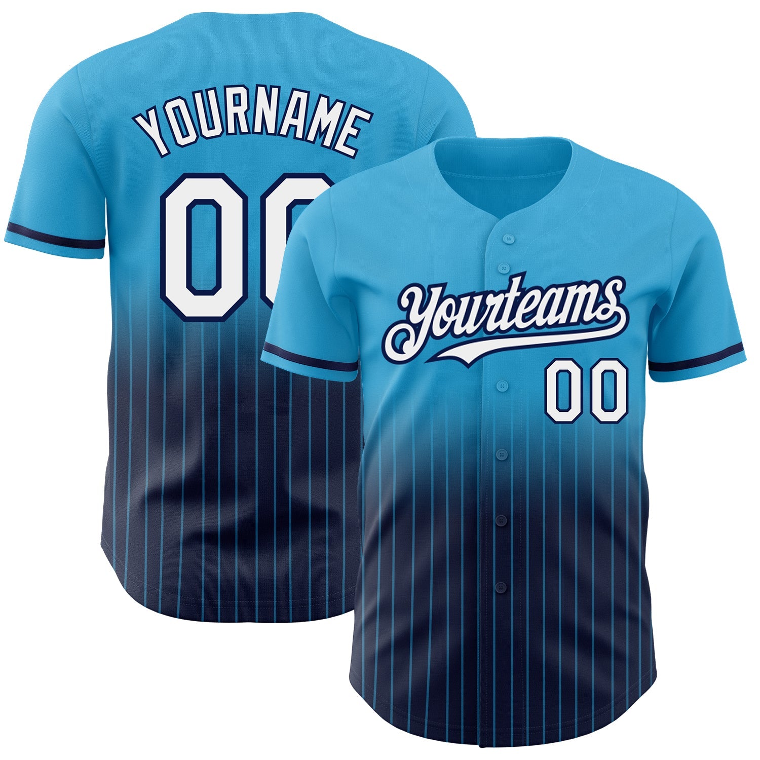 Custom Sky Blue Pinstripe White-Navy Authentic Fade Fashion Baseball Jersey - Main View