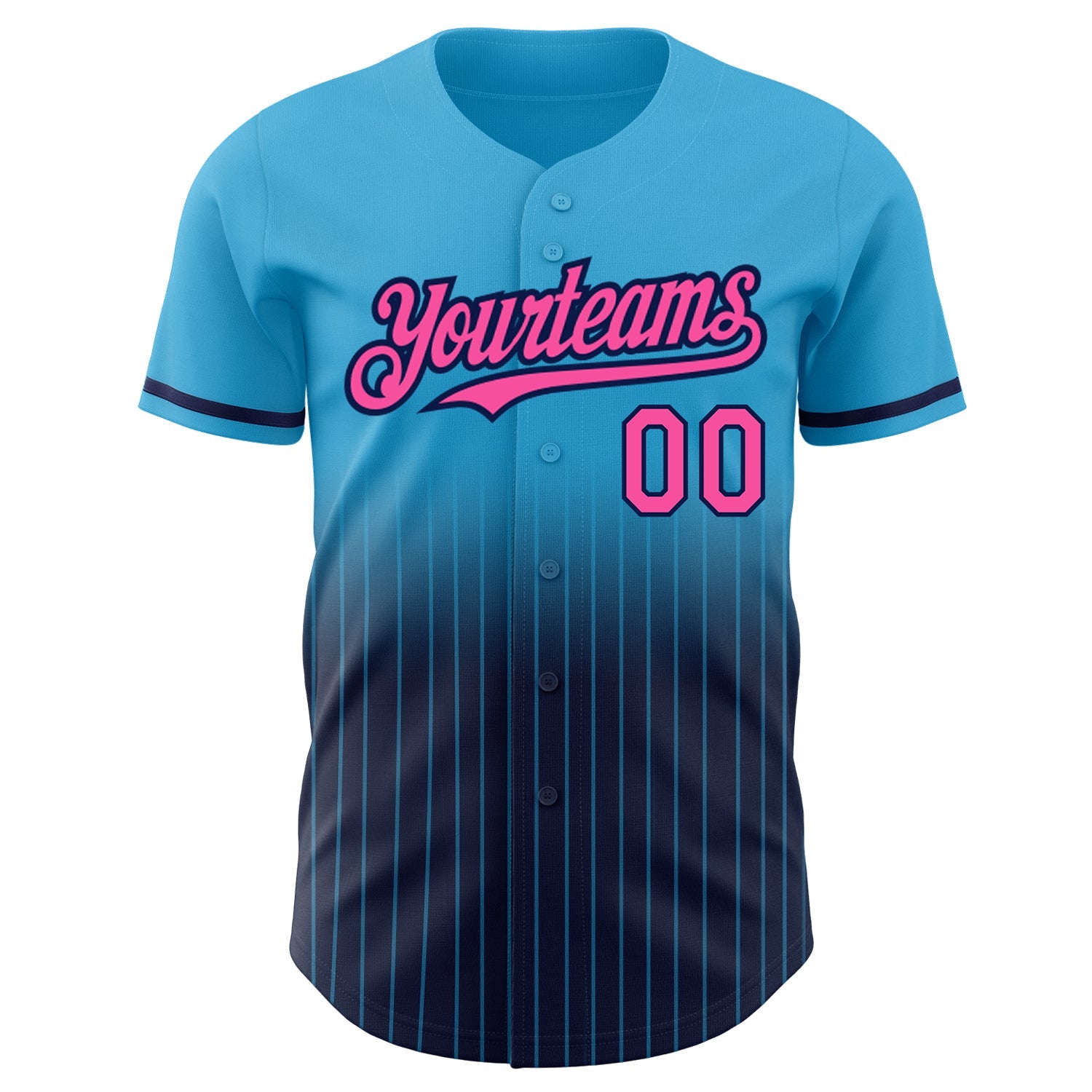 Custom Sky Blue Pinstripe Pink-Navy Authentic Fade Fashion Baseball Jersey view 3
