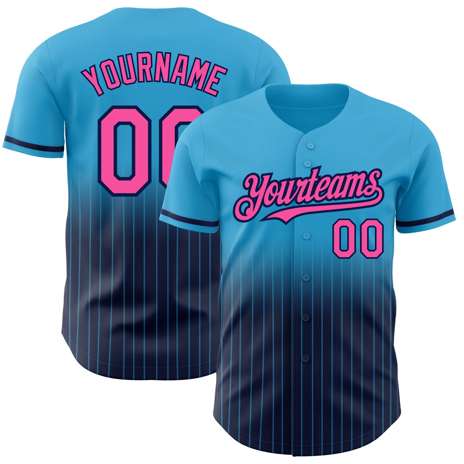 Custom Sky Blue Pinstripe Pink-Navy Authentic Fade Fashion Baseball Jersey - Main View