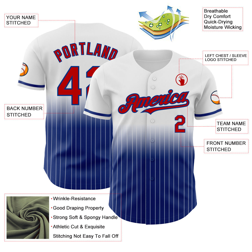 Custom White Pinstripe Red-Royal Authentic Fade Fashion Baseball Jersey view 4