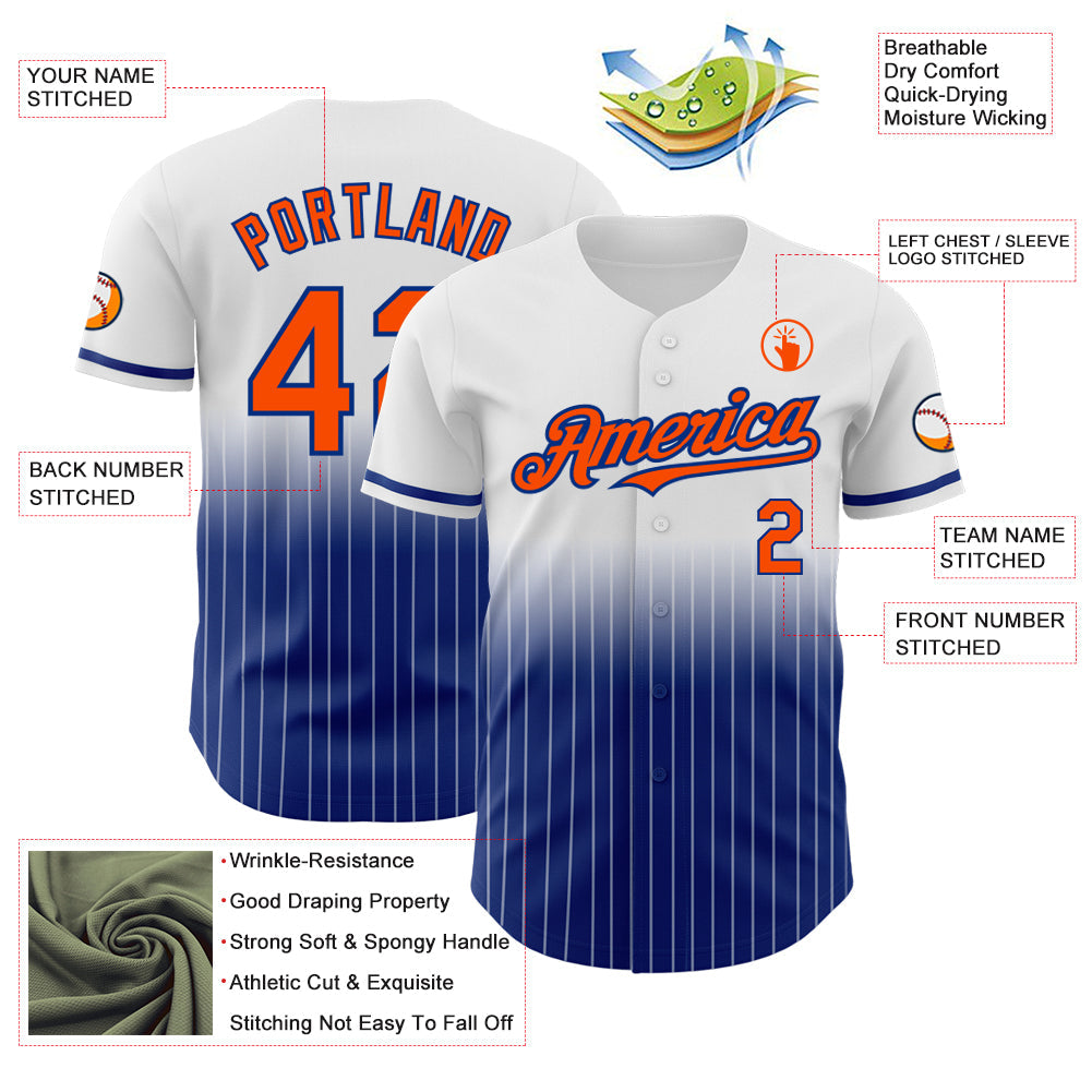 Custom White Pinstripe Orange-Royal Authentic Fade Fashion Baseball Jersey view 4