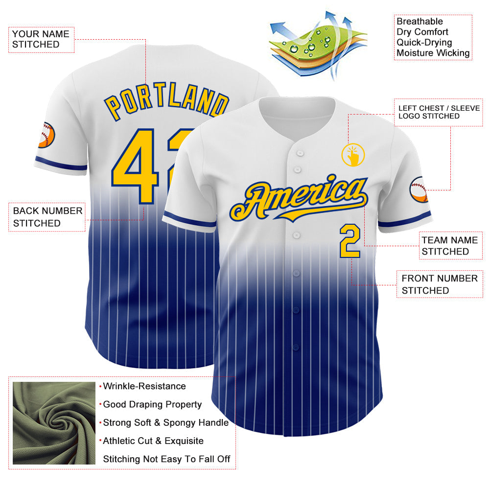Custom White Pinstripe Yellow-Royal Authentic Fade Fashion Baseball Jersey view 4