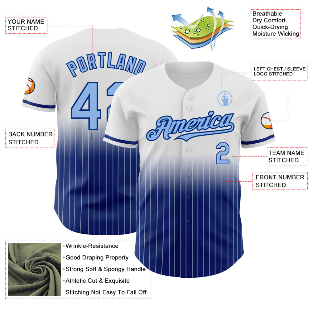 Custom White Pinstripe Light Blue-Royal Authentic Fade Fashion Baseball Jersey view 4