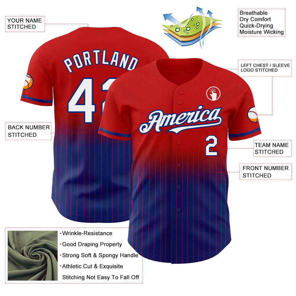 Custom Red Pinstripe White-Royal Authentic Fade Fashion Baseball Jersey view 4
