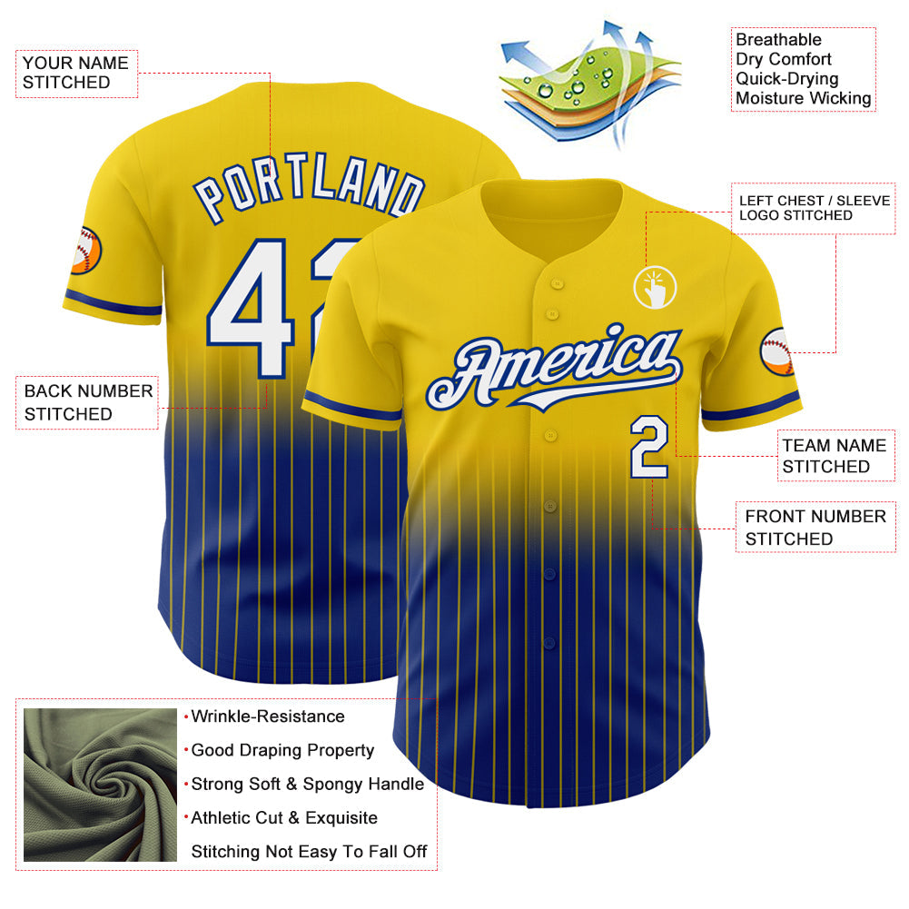 Custom Yellow Pinstripe White-Royal Authentic Fade Fashion Baseball Jersey view 4