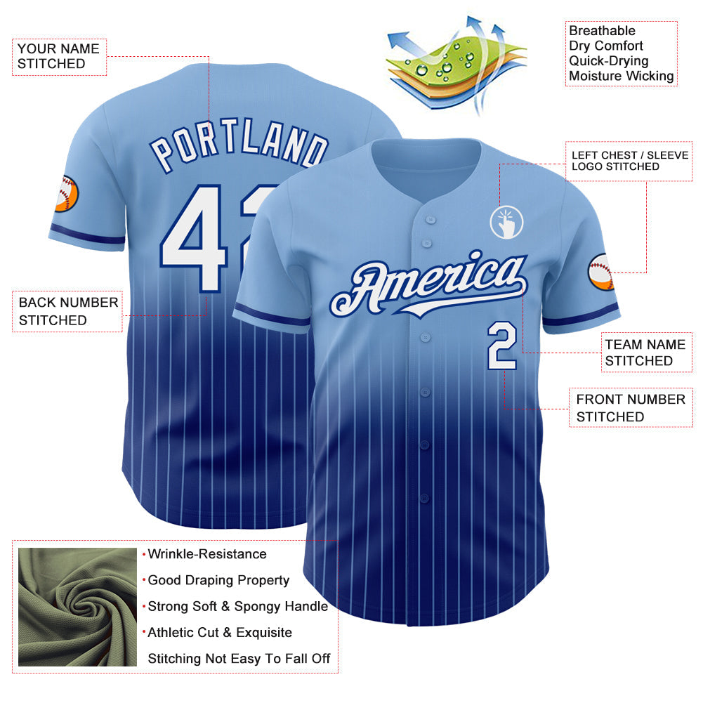 Custom Light Blue Pinstripe White-Royal Authentic Fade Fashion Baseball Jersey view 4