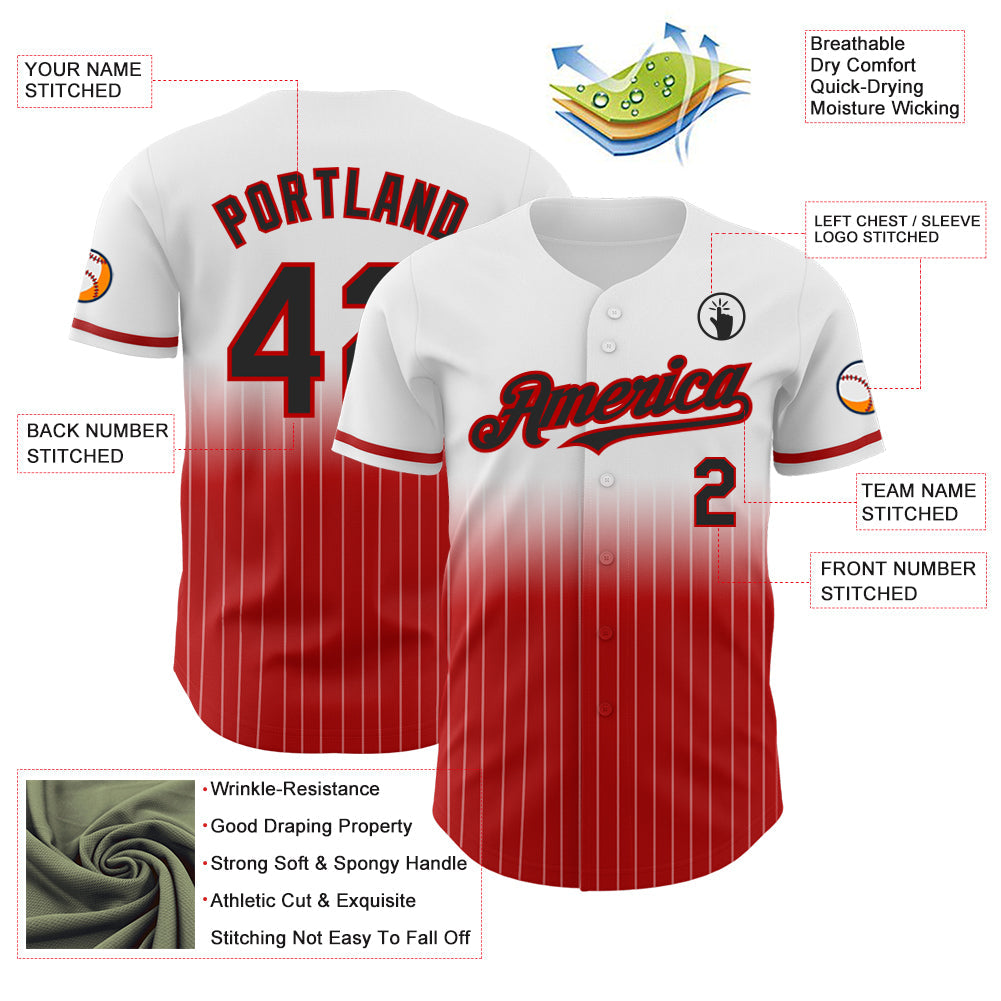 Custom White Pinstripe Black-Red Authentic Fade Fashion Baseball Jersey view 4