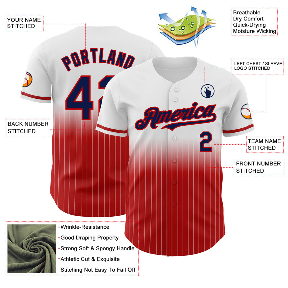 Custom White Pinstripe Navy-Red Authentic Fade Fashion Baseball Jersey view 4