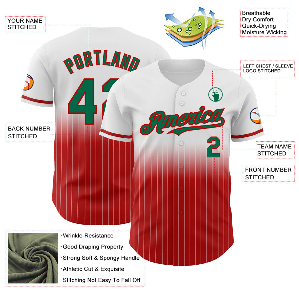 Custom White Pinstripe Kelly Green-Red Authentic Fade Fashion Baseball Jersey view 4