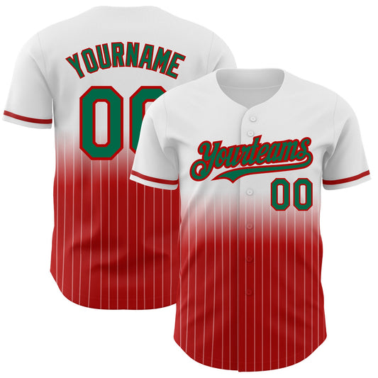 Custom White Pinstripe Kelly Green-Red Authentic Fade Fashion Baseball Jersey - Main View