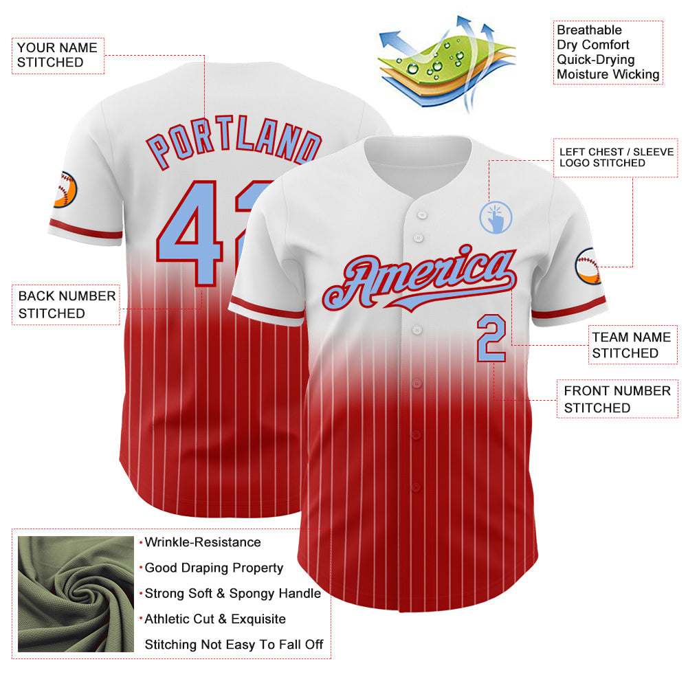 Custom White Pinstripe Light Blue-Red Authentic Fade Fashion Baseball Jersey view 4