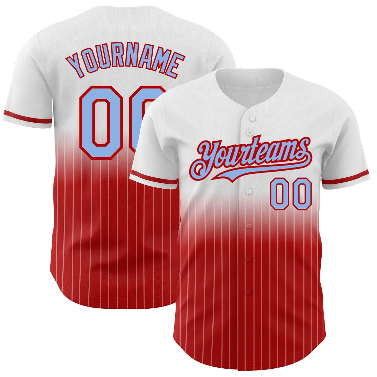 Custom White Pinstripe Light Blue-Red Authentic Fade Fashion Baseball Jersey - Main View