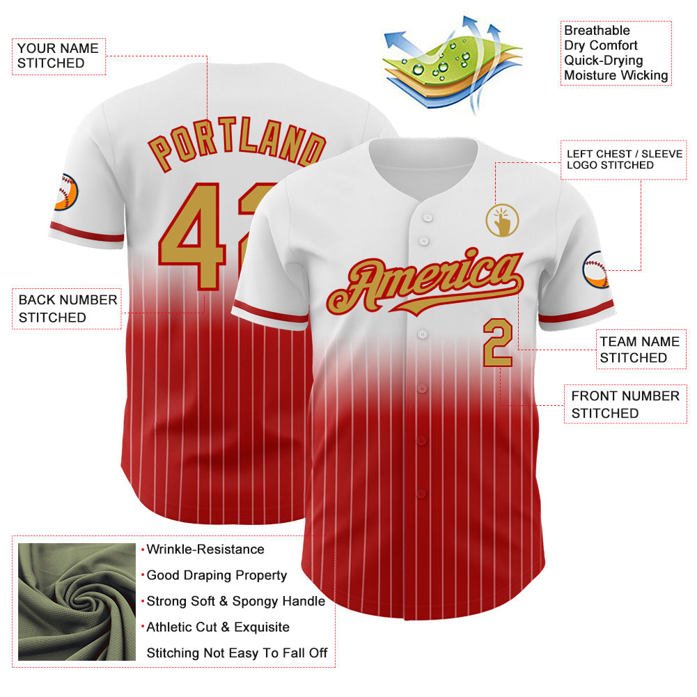 Custom White Pinstripe Old Gold-Red Authentic Fade Fashion Baseball Jersey view 4
