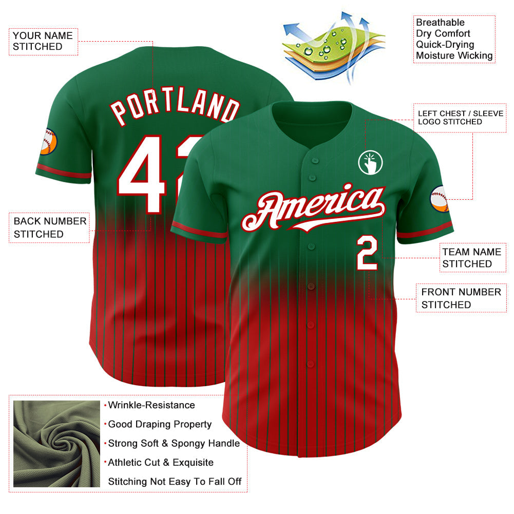 Custom Kelly Green Pinstripe White-Red Authentic Fade Fashion Baseball Jersey view 4