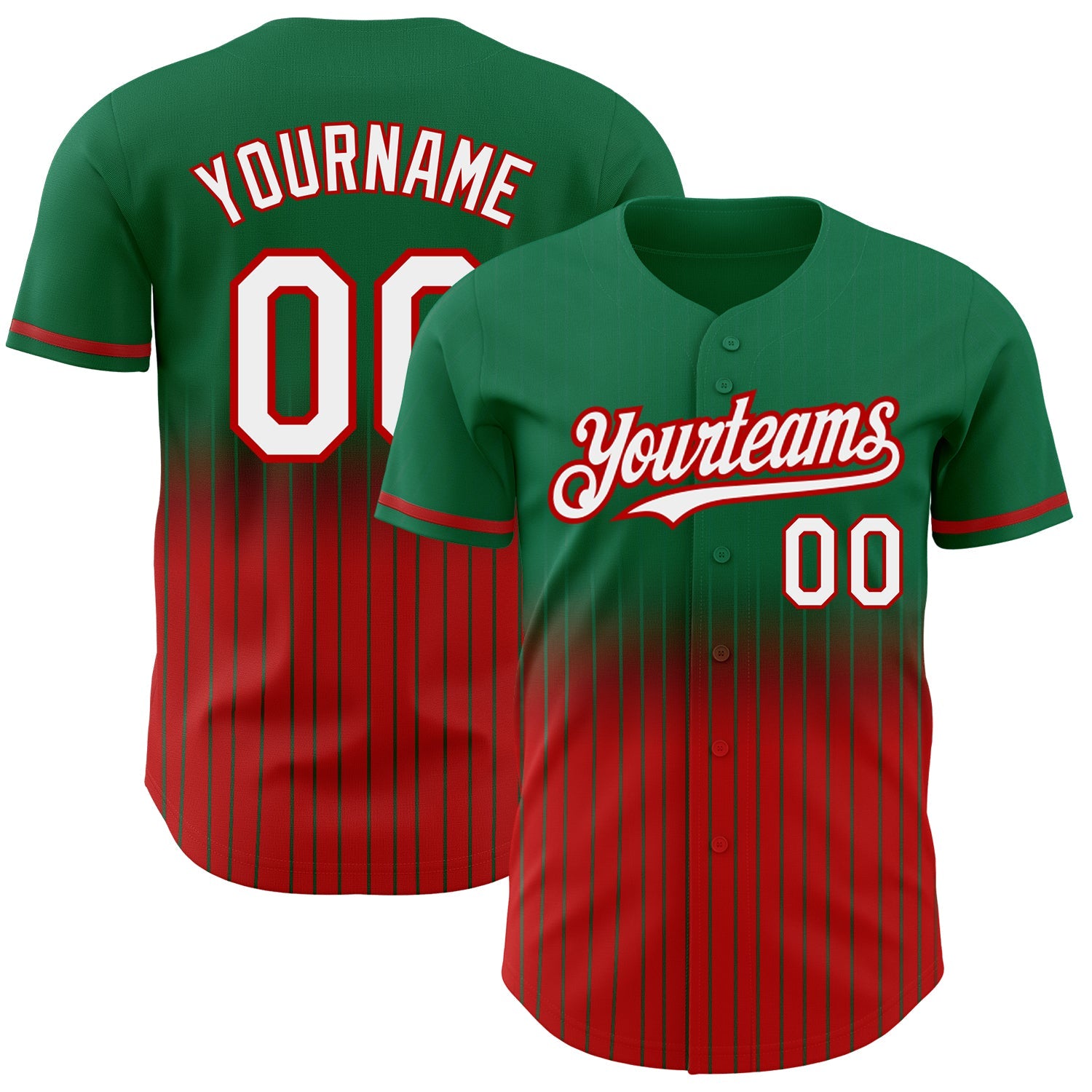 Custom Kelly Green Pinstripe White-Red Authentic Fade Fashion Baseball Jersey - Main View