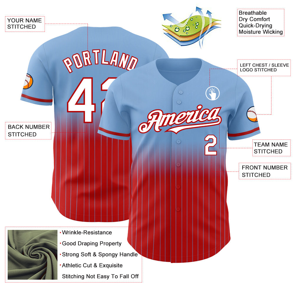 Custom Light Blue Pinstripe White-Red Authentic Fade Fashion Baseball Jersey view 4