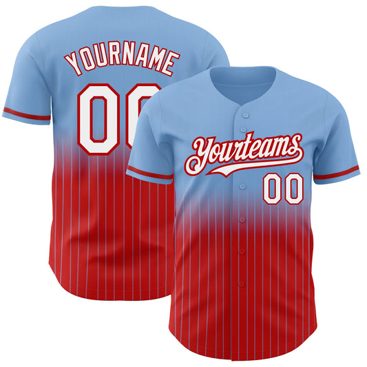 Custom Light Blue Pinstripe White-Red Authentic Fade Fashion Baseball Jersey - Main View