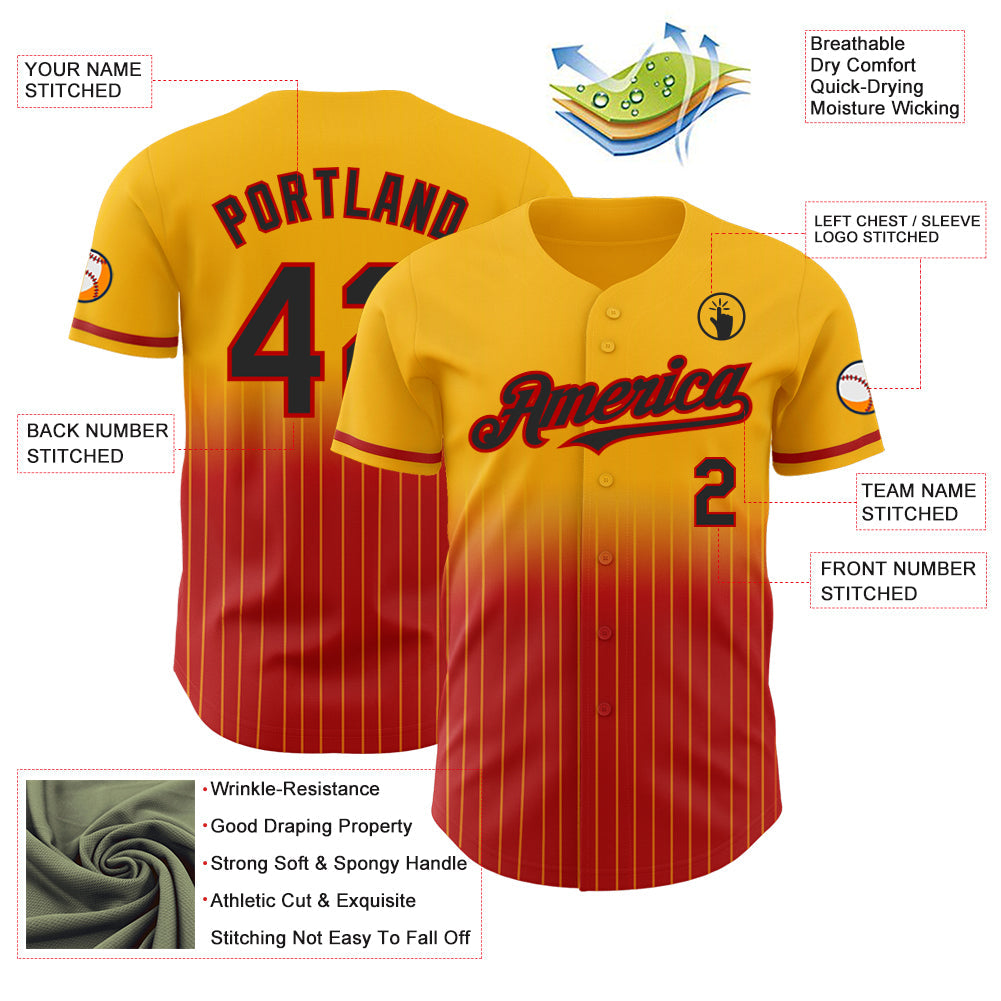 Custom Gold Pinstripe Black-Red Authentic Fade Fashion Baseball Jersey view 4