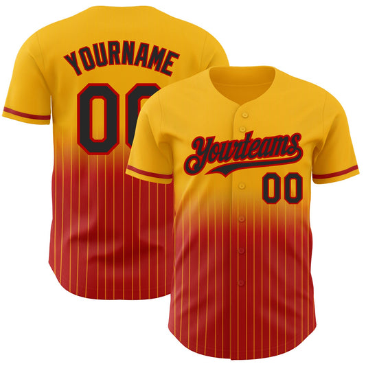 Custom Gold Pinstripe Black-Red Authentic Fade Fashion Baseball Jersey - Main View