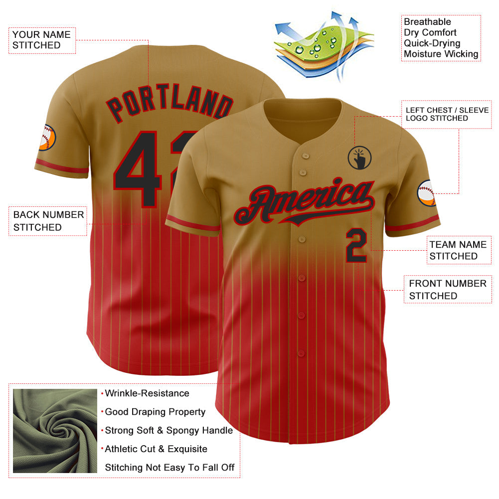 Custom Old Gold Pinstripe Black-Red Authentic Fade Fashion Baseball Jersey view 4