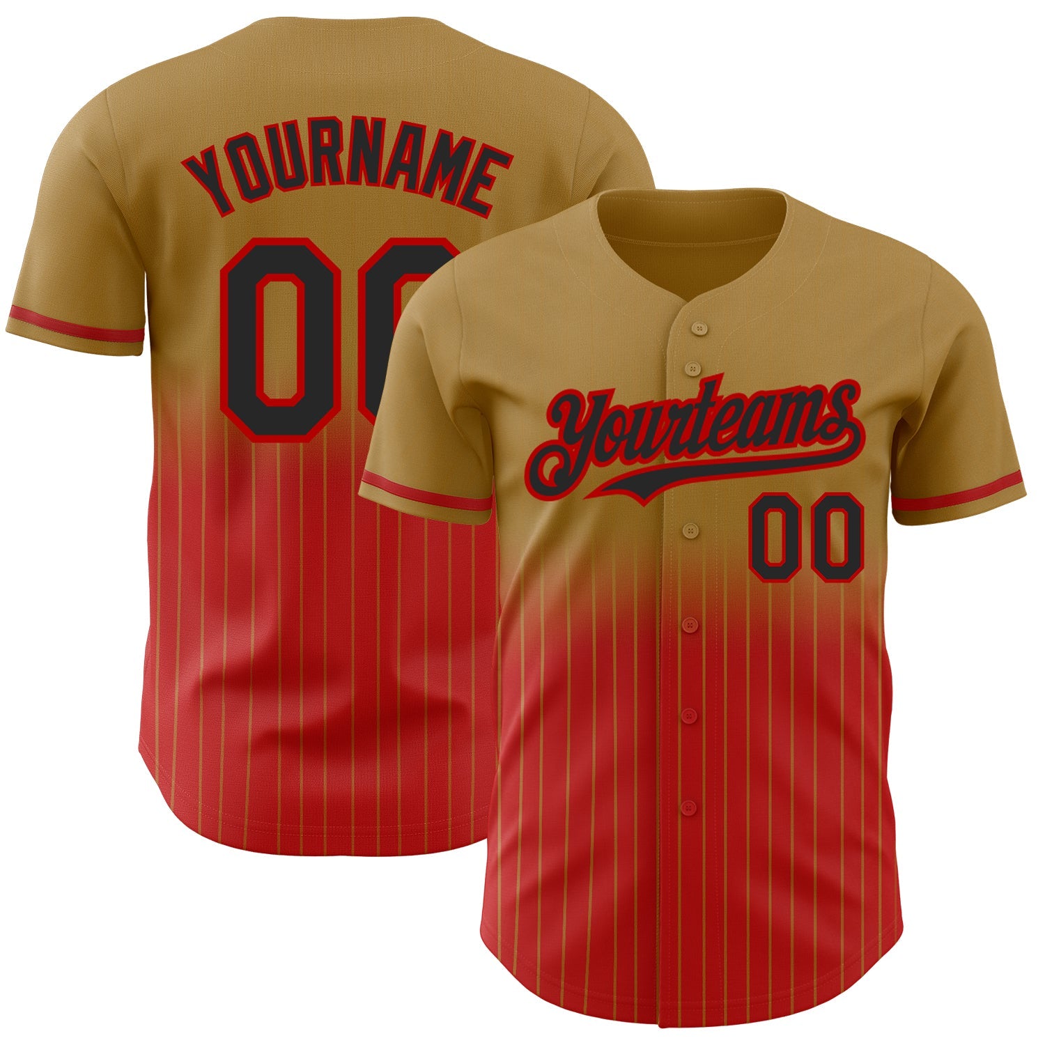 Custom Old Gold Pinstripe Black-Red Authentic Fade Fashion Baseball Jersey - Main View