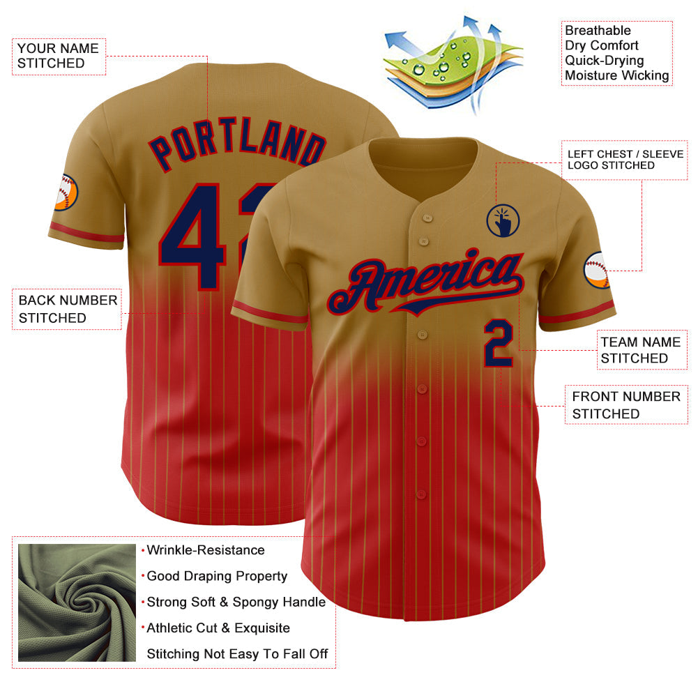 Custom Old Gold Pinstripe Navy-Red Authentic Fade Fashion Baseball Jersey view 4
