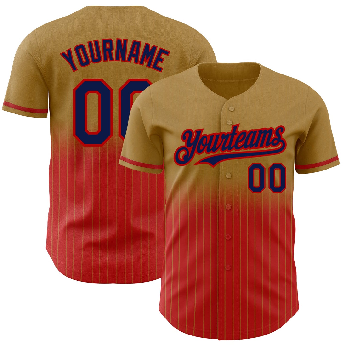 Custom Old Gold Pinstripe Navy-Red Authentic Fade Fashion Baseball Jersey - Main View