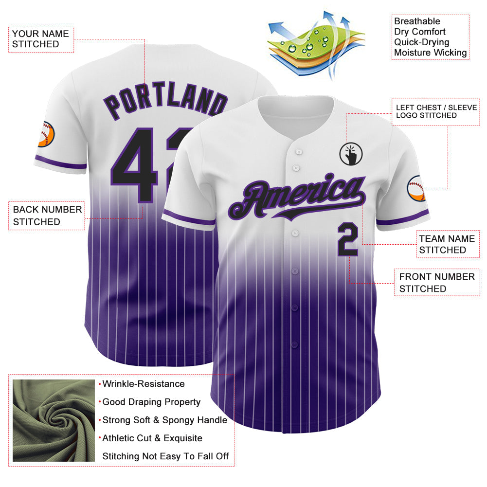 Custom White Pinstripe Black-Purple Authentic Fade Fashion Baseball Jersey view 4