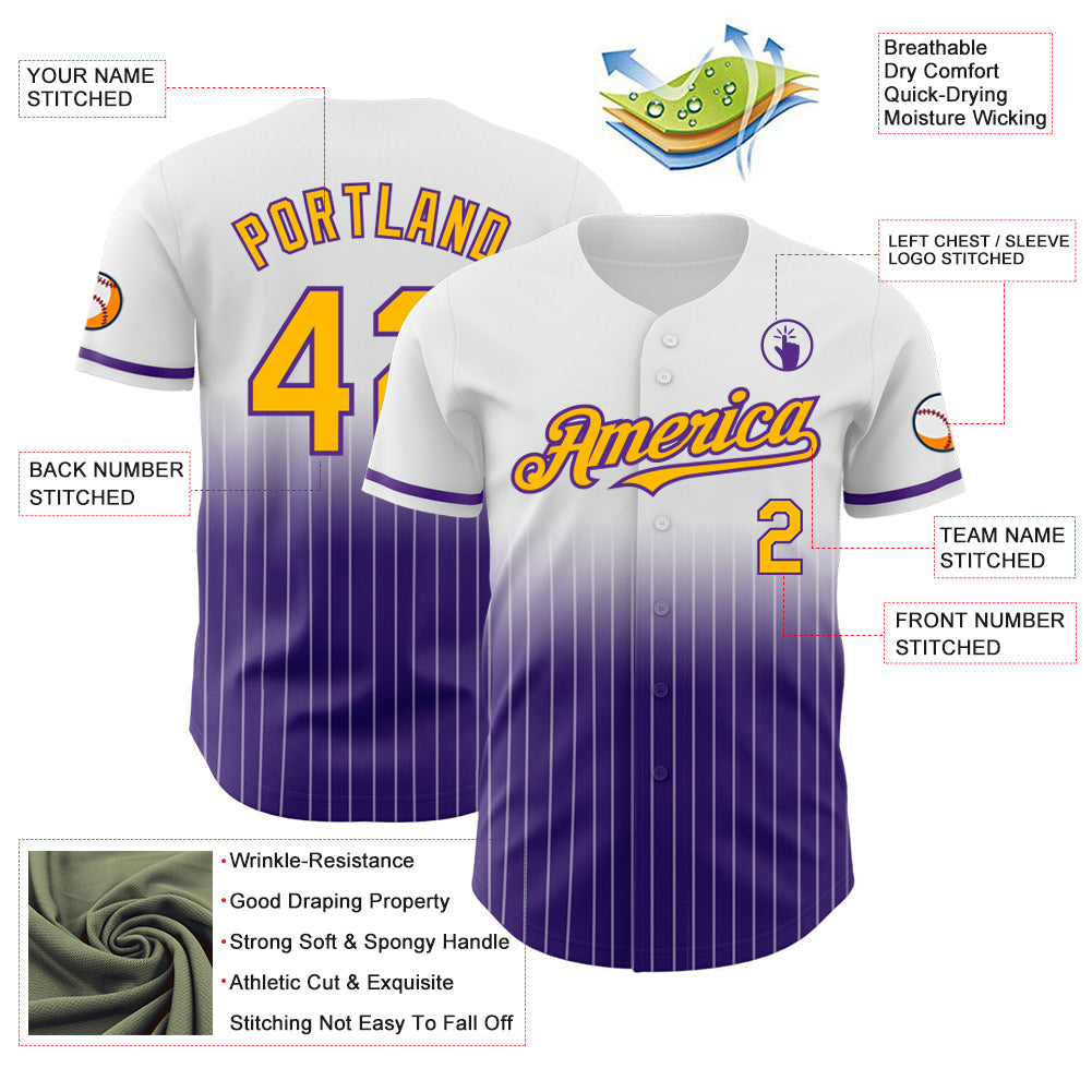 Custom White Pinstripe Gold-Purple Authentic Fade Fashion Baseball Jersey view 4