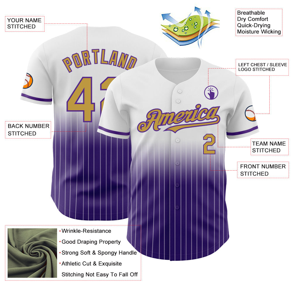 Custom White Pinstripe Old Gold-Purple Authentic Fade Fashion Baseball Jersey view 4
