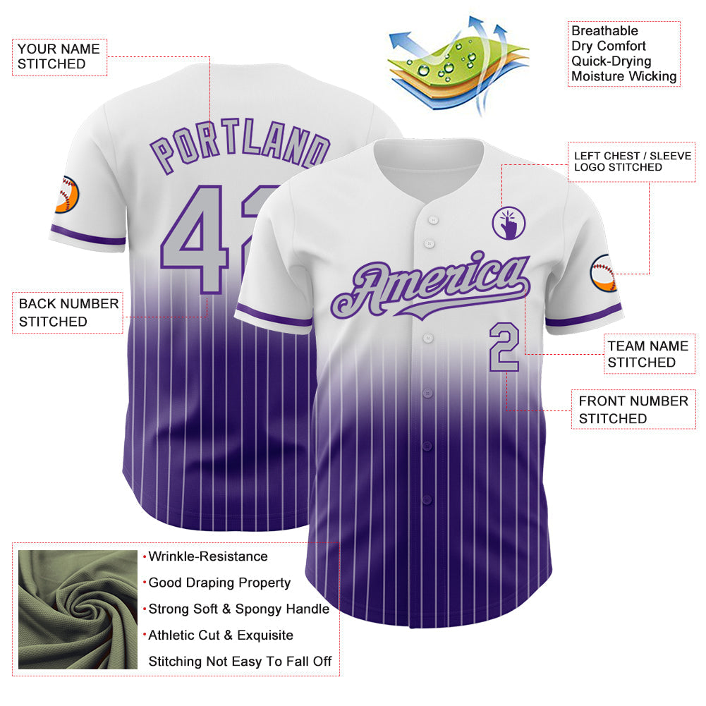 Custom White Pinstripe Gray-Purple Authentic Fade Fashion Baseball Jersey view 4