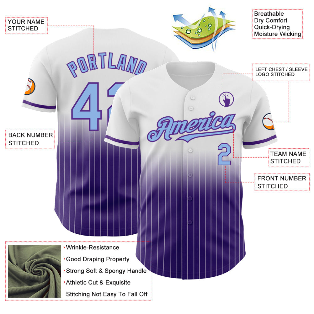 Custom White Pinstripe Light Blue-Purple Authentic Fade Fashion Baseball Jersey view 4