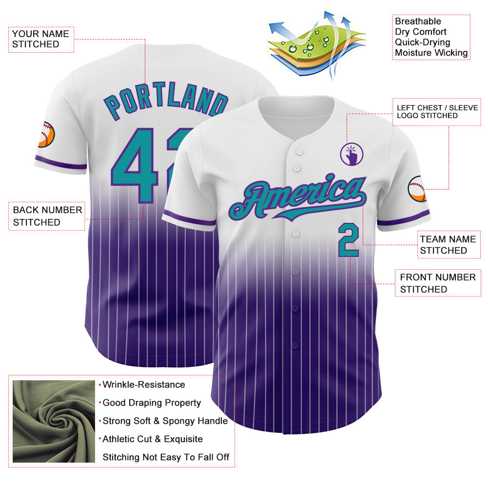 Custom White Pinstripe Teal-Purple Authentic Fade Fashion Baseball Jersey view 4