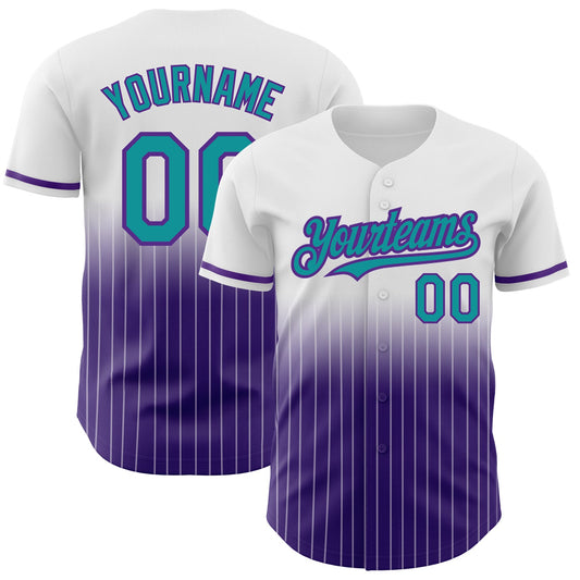 Custom White Pinstripe Teal-Purple Authentic Fade Fashion Baseball Jersey - Main View