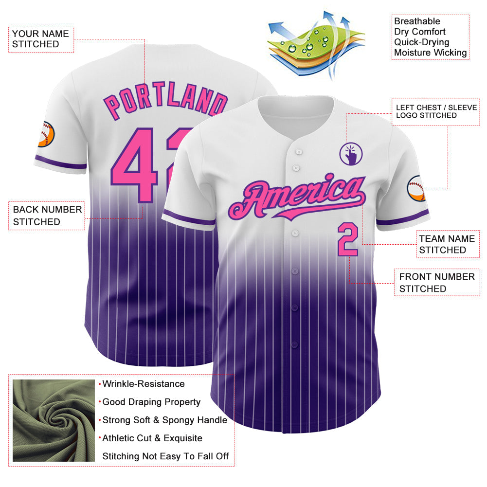 Custom White Pinstripe Pink-Purple Authentic Fade Fashion Baseball Jersey view 4