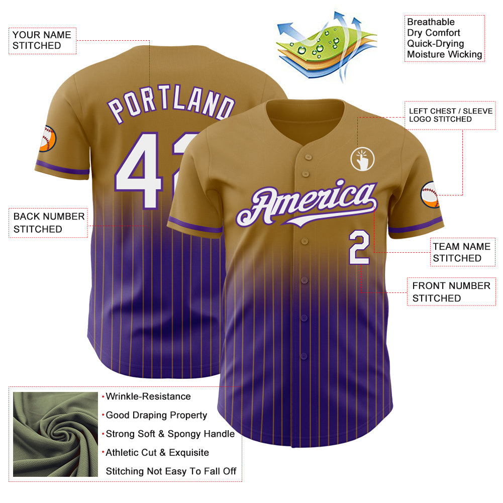 Custom Old Gold Pinstripe White-Purple Authentic Fade Fashion Baseball Jersey view 4